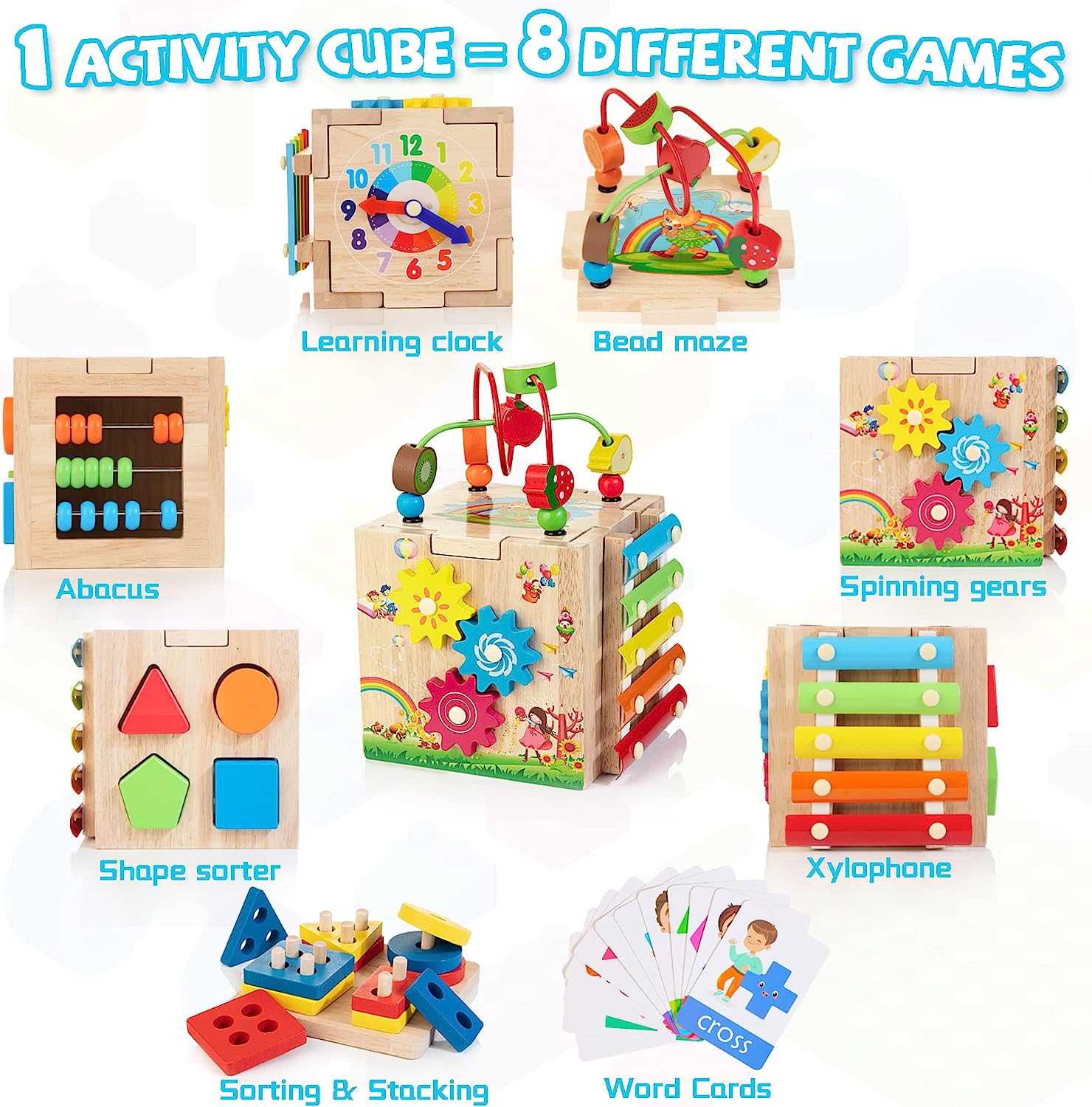Bravmate Wooden Activity Cube | 8-in-1 Montessori Toys - Image 2